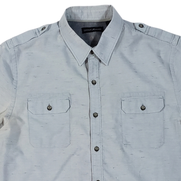 DKNY Jeans Blue Chambray Button Up Shirt Sz Large Casual Paint Splatter Print - Picture 3 of 8